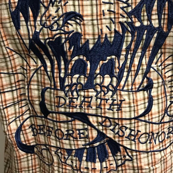 ED HARDY embroidered tattoo eagle tan cotton plaid work shirt jacket M